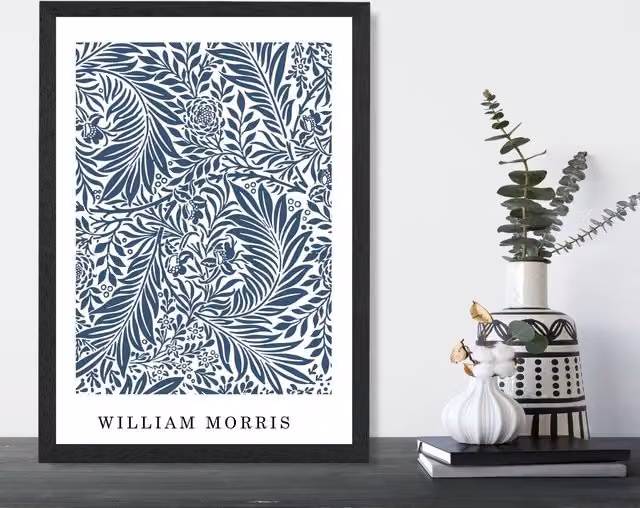 ARTZE Vintage William Morris Larkspur Floral Art Print in Navy and White with Black Frame, A3