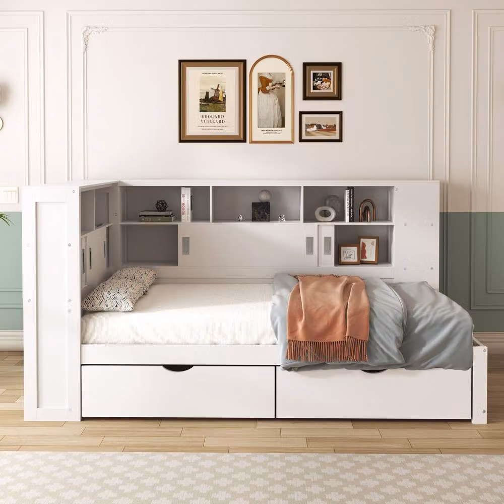 BTM White 3ft Platform Bed with Trundle, Bookcase, Drawers and USB Charging Ports, W/D/H: 90 x 190 x 122.5 cm – 2