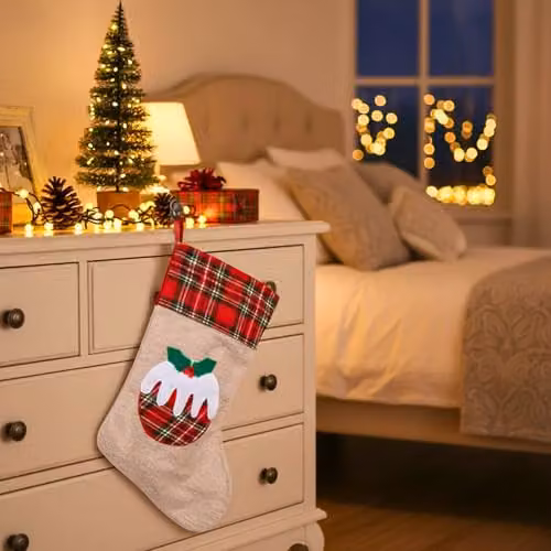 Shatchi Large Christmas Pudding Xmas Stocking in Brown Burlap Hessian Linen, W/H: 26 x 45 cm – 7