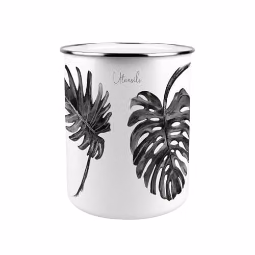Purely Home Painted Leaves Metal Utensil Holder in Black and White, W: 18 cm, D: 16.5 cm, H: 16.5 cm