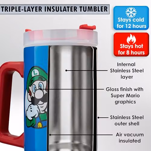 Get Trend Super Mario Insulated Stainless Steel Tumbler with Straw and Handle, Blue, 920ml – 4