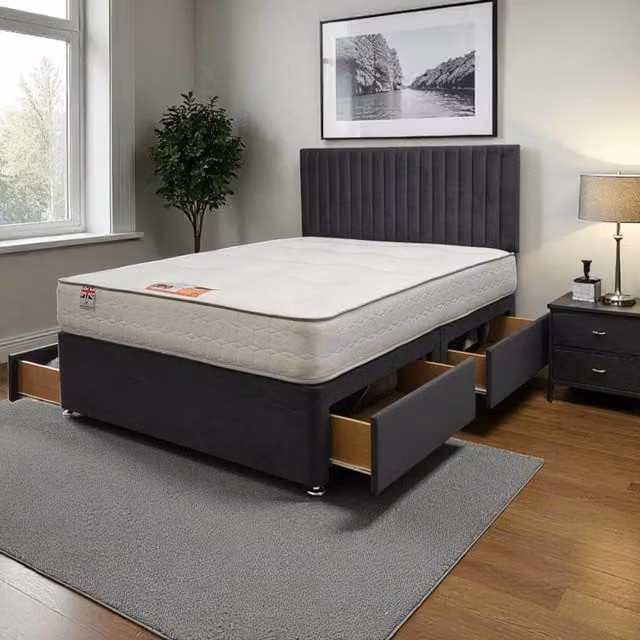 Knight Sleep Grey Upholstered Hybrid Bed Set with 4 Drawers and Headboard, 140 x 200 cm