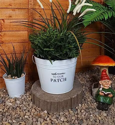 St Helens White Metal Decorative Welcome to Our Garden Planter Tub with Handle – 2