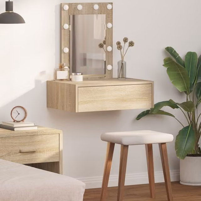 Berkfield Home Wall Hanging Dressing Table with LED Lights in Sonoma Oak and Beige, W/D/H: 70 x 40 x 60 cm