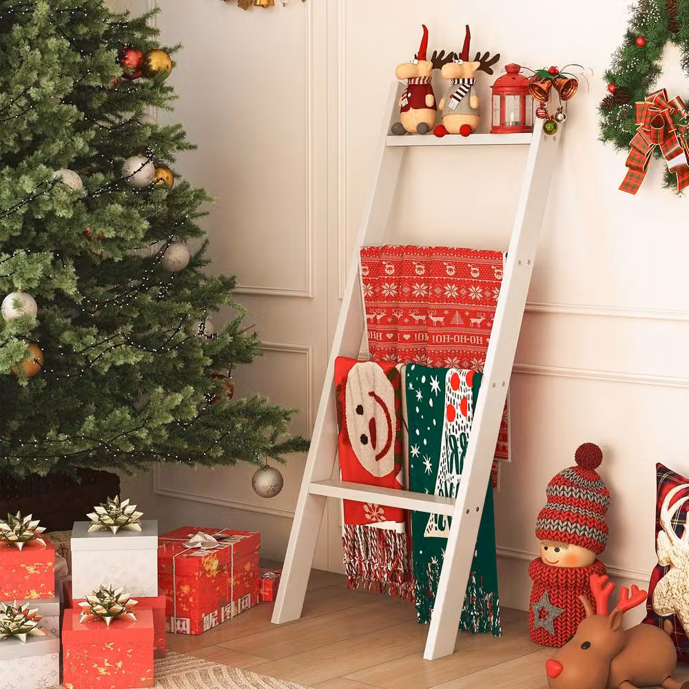 Costway 4-Tier Wooden Blanket Ladder in White, Height: 137 cm – 3