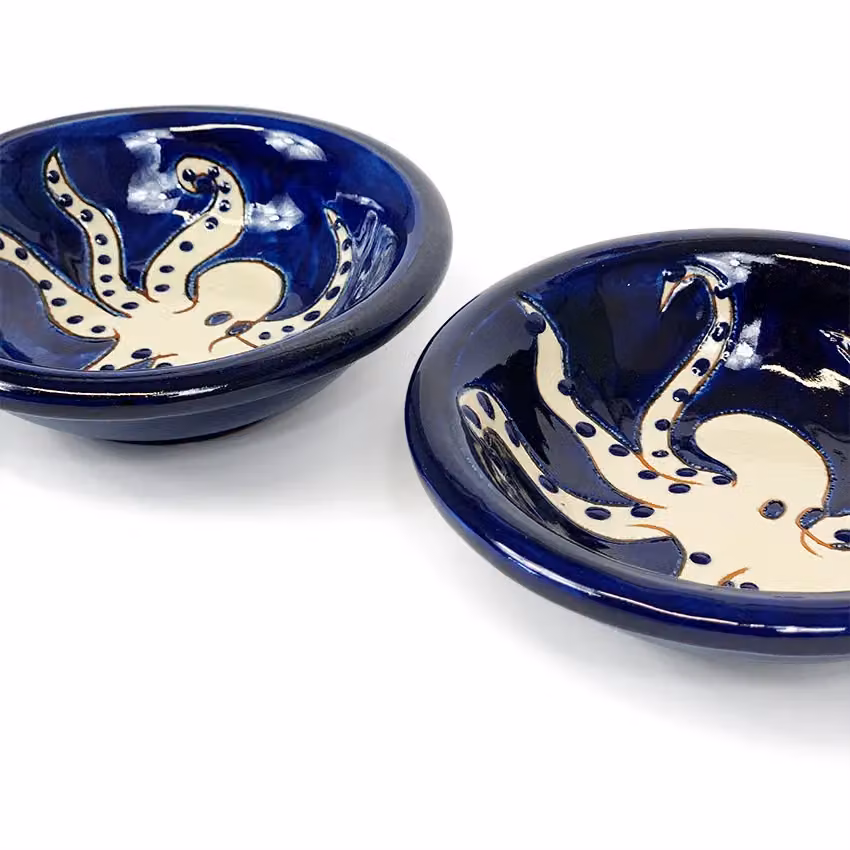 Verano Spanish Ceramics Signature Blue and White Octopus Hand Painted Ceramic Dip Bowls, Set of 2, Diameter: 12 cm – 3