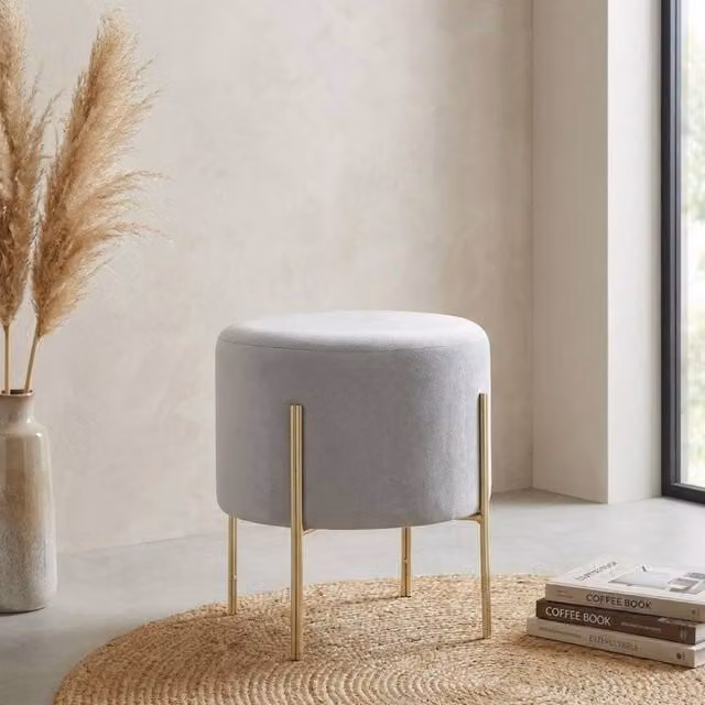 Garden Greatness Hayes Round Grey Velvet Stool with Brown and Gold Accents, W/D/H: 34.0 x 31.0 x 34.0 cm