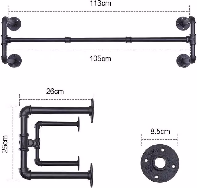 FLAVORA Matt Black Metal Wall Mounted Clothing Rack, Width: 105 cm – 1