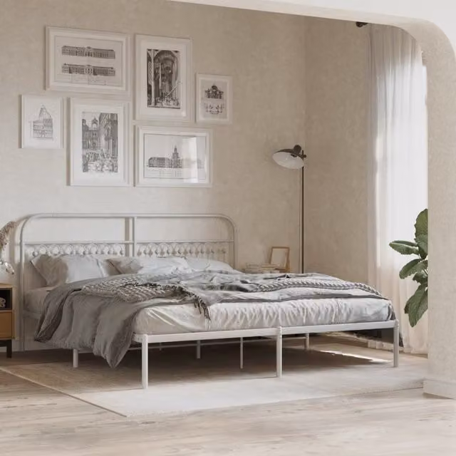 Berkfield Home Metal Bed Frame with Headboard in White W: 183 cm, D: 203 cm