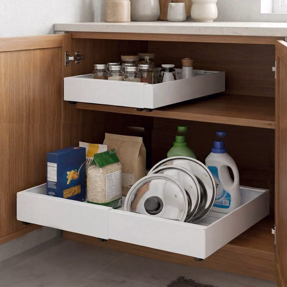 Toque 2 Pack Expandable Pull Out Cabinet Organisers in White, Adjustable Carbon Steel Slide Out Drawers with 3-Rail System – 2