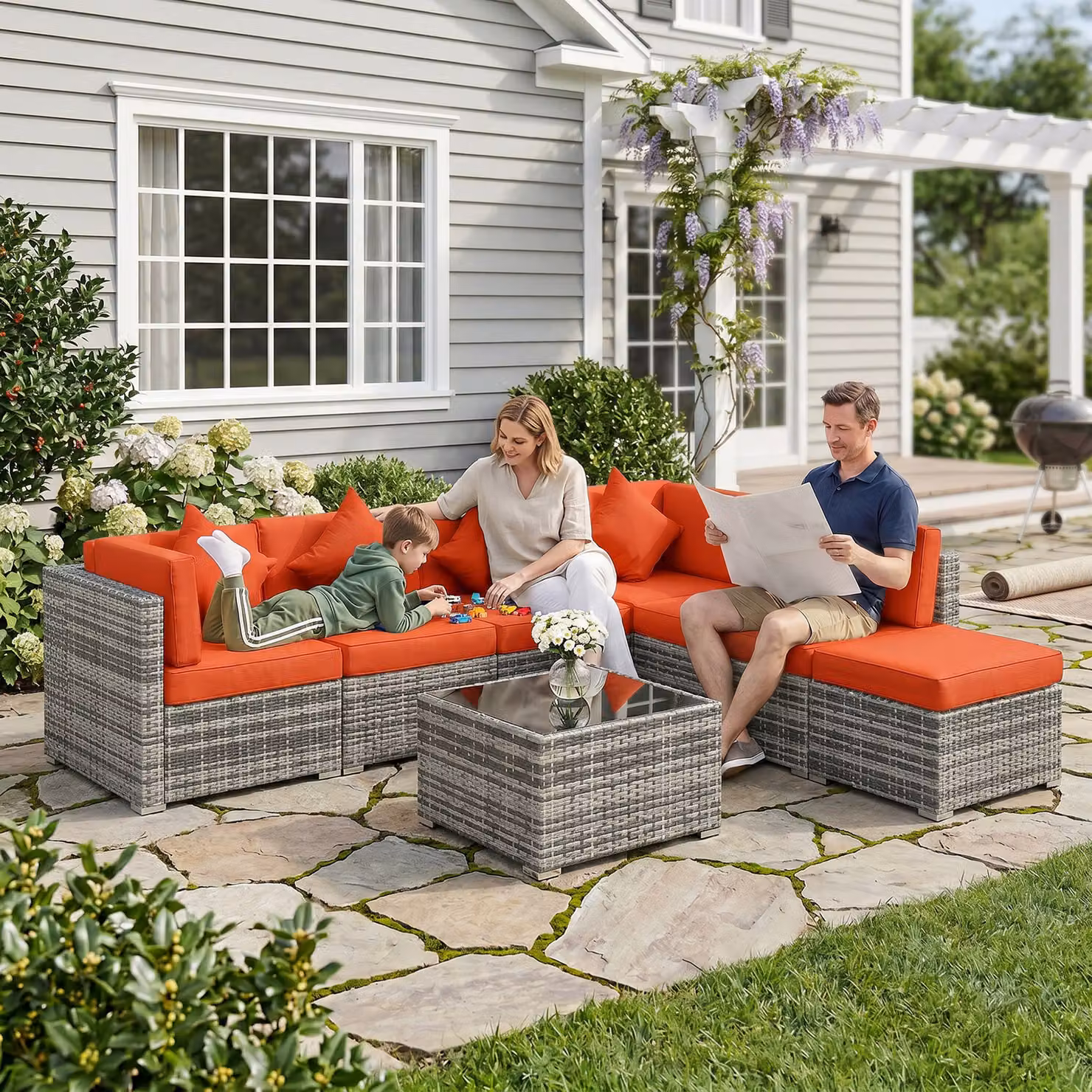 Outsunny Eight-Piece L-Shape Rattan Sofa Set with Upholstered Cushions in Orange and Grey – 8