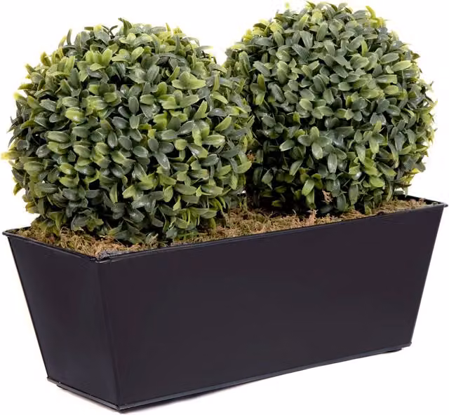 GreenBrokers Artificial Double Ball Topiary Plant in a Black Metal Tin Window Box