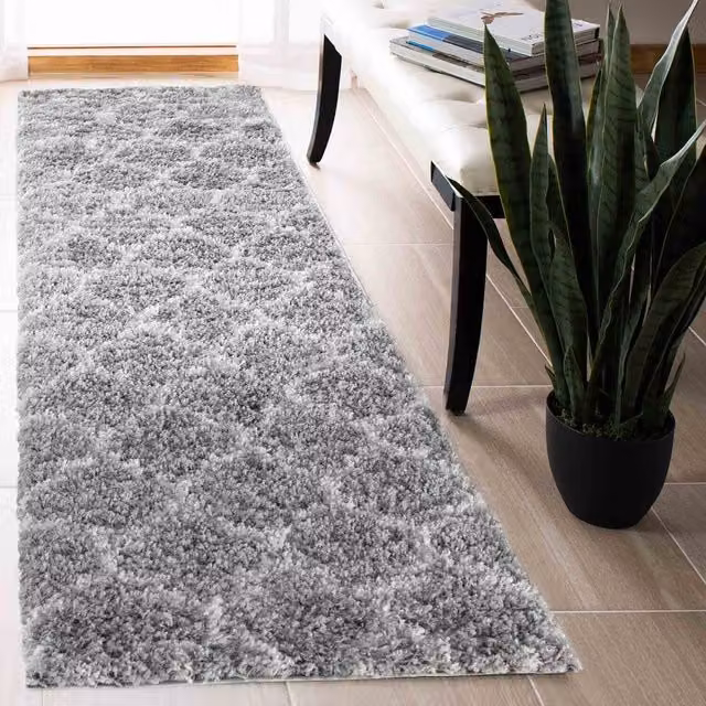 Desire Rugs Moroccan Berber Shaggy Runner with Trellis Geometric Design, Grey, W: 60 cm, L: 220 cm