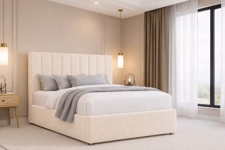 Nexus Mattresses Ltd Kyoto Teddy Divan Bed Base with 54 inch Headboard in Beige Boucle Fabric, Size: King (W/D: 180 x 200 cm)