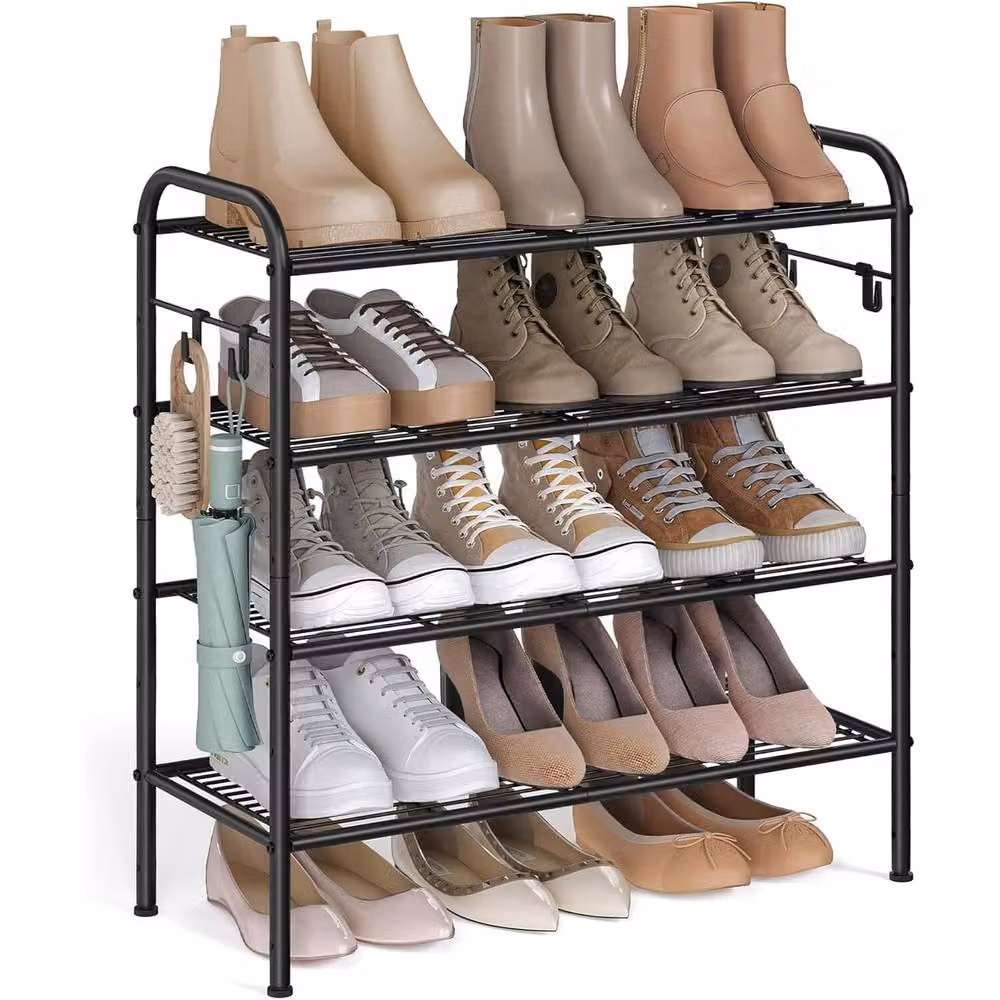 The Bazaarist 4 Tier Adjustable Metal Shoe Rack with Hooks in Matt Black – 2