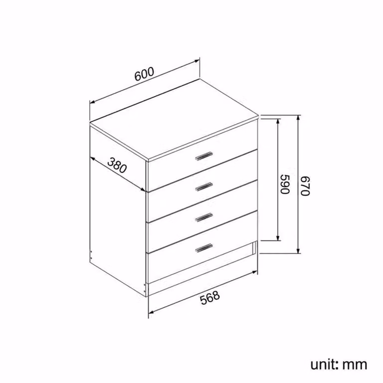 ERGOVEXA High Gloss 4 Drawer Chest of Drawers and Bedside Cabinet in Natural Oak, H 67.0 x W 38.0 x D 60.0 cm