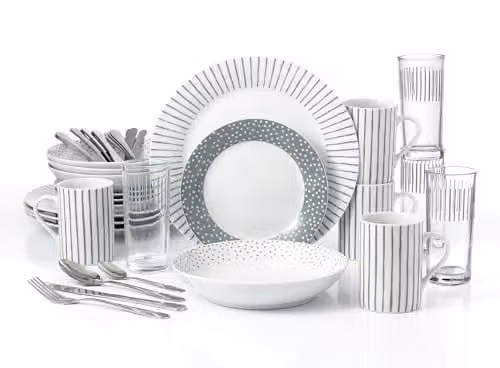 Waterside 36-Piece Combination Dinner Set in White and Grey, featuring Porcelain Plates, Bowls, Mugs, Hi-Ball Glasses and Stainless Steel Cutlery