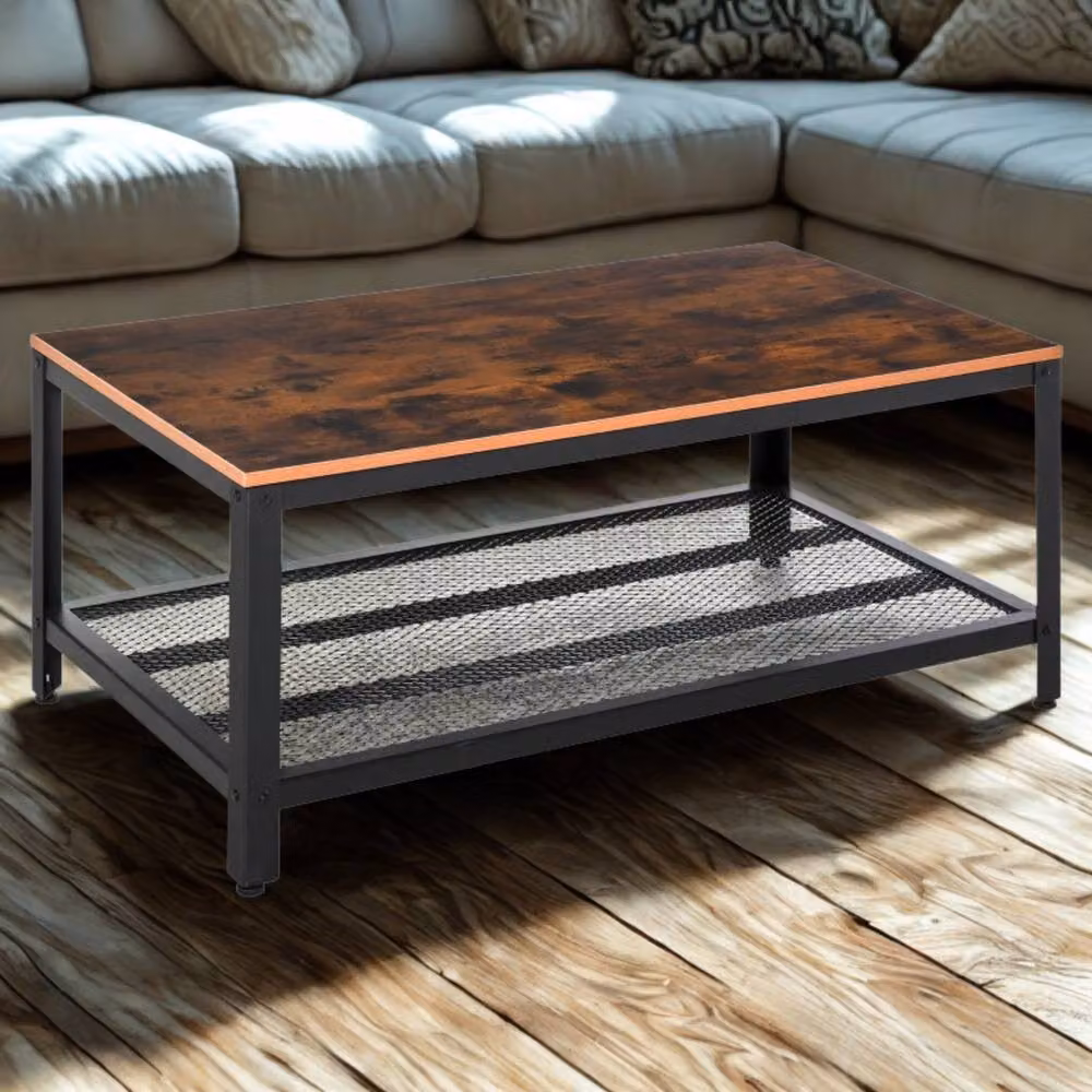 Pirlo Plush Industrial Rectangular 2 Tier Coffee Table with Storage Shelf in Brown, W: 60 cm, D: 45 cm, H: 40 cm – 2