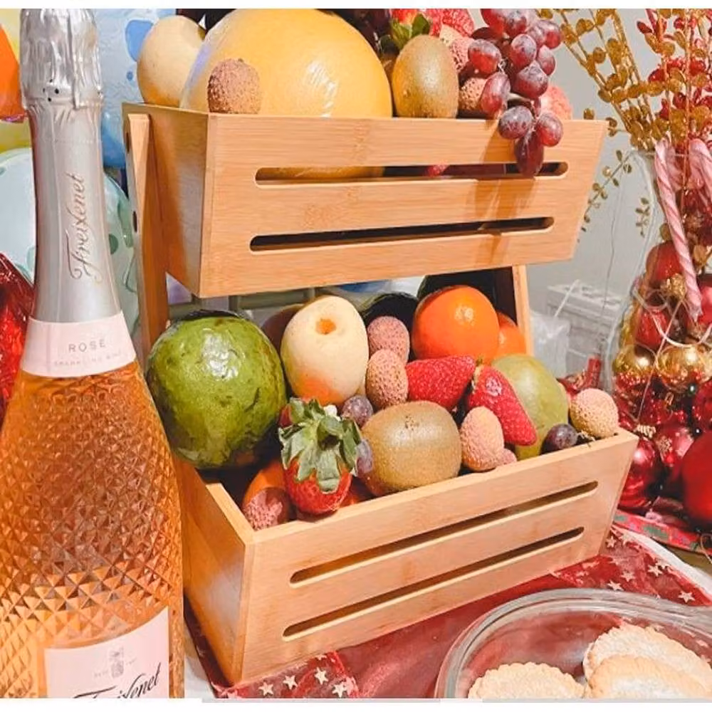 PAWNORA 2 Tier Bamboo Fruit Basket and Bread Storage Stand in Brown, W: 100 cm, D: 15 cm – 3