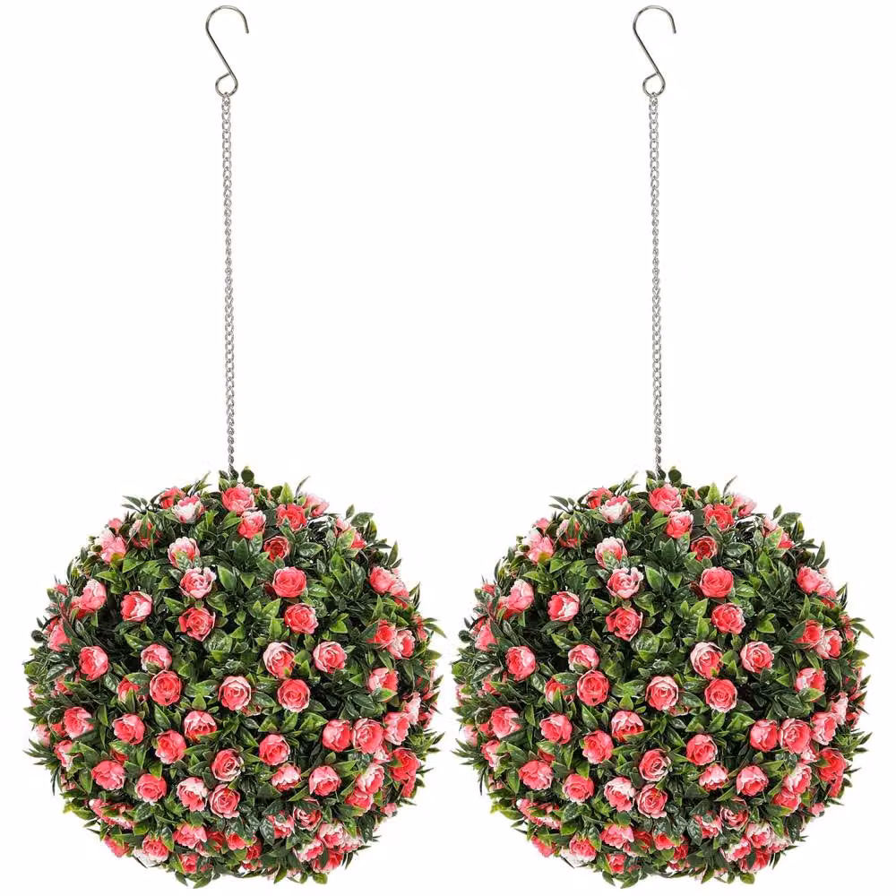 Wyld Haus Colana Set of 2 Pink UV Resistant Artificial Rose Topiary Hanging Balls, Diameter: 28 cm – 2