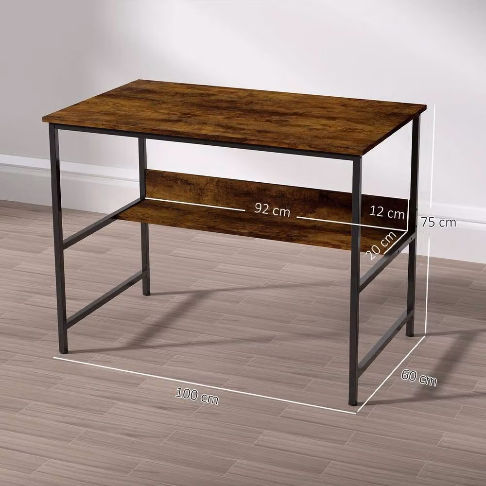 Ventryn 2-Tier Industrial Writing Computer Desk with Metal Frame and Storage in Brown – 2