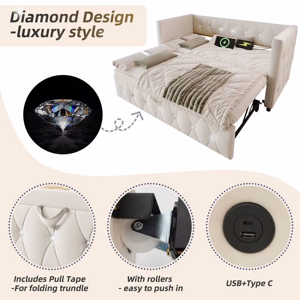 STILVORA Modern Single Velvet Daybed with Trundle and USB Charging Port in White, W/D/H: 90 x 190 cm – 4