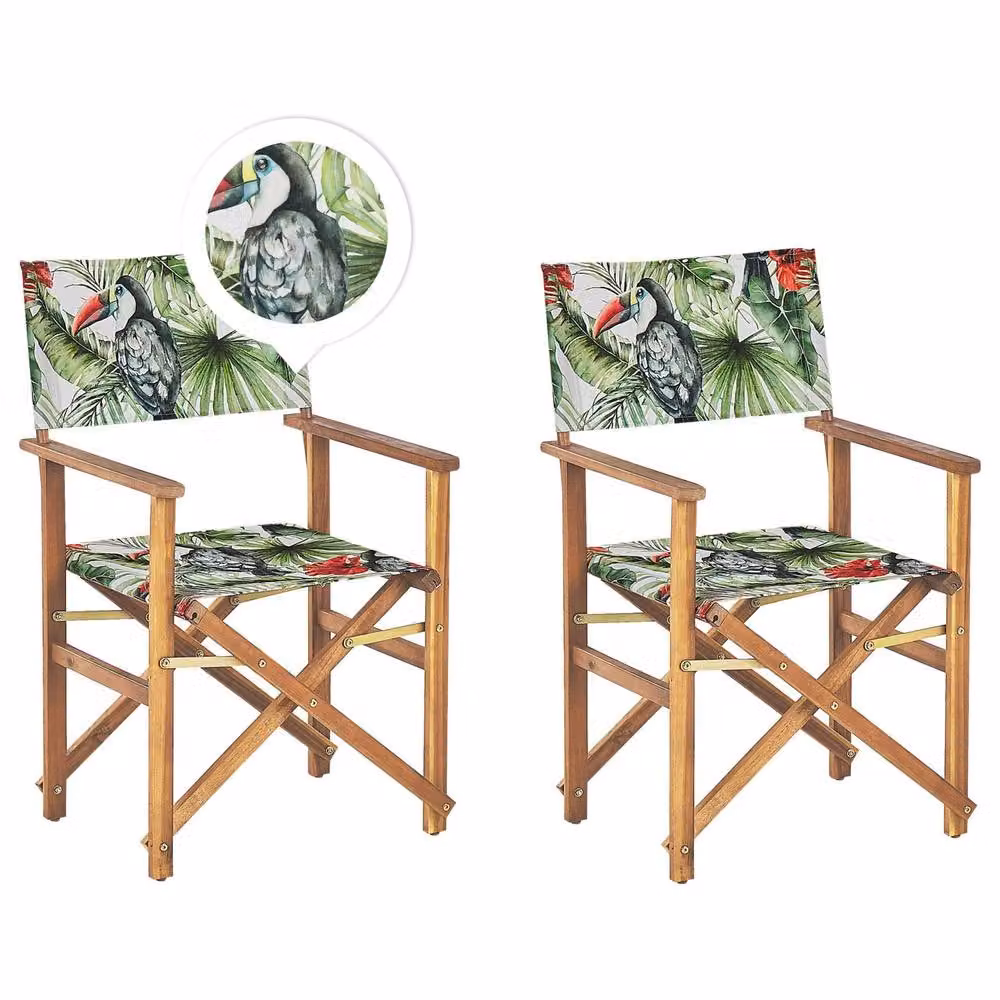 Wyld and Coco Set of 2 Acacia Wood Folding Director's Chairs with Green and White Floral Fabric – 2