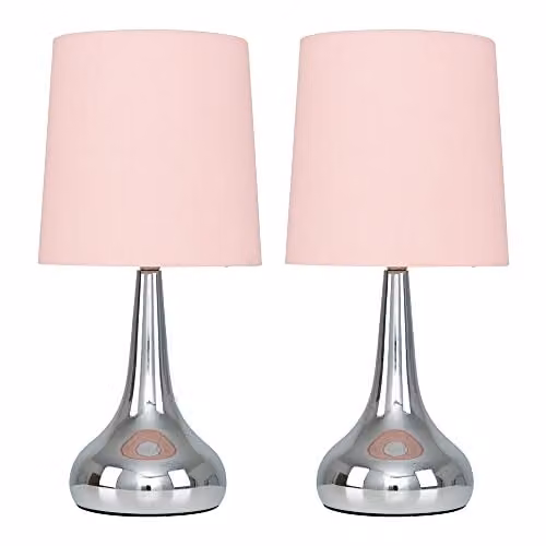 ValueLights Set of 2 Modern Teardrop Touch Table Lamps with Baby Pink Fabric Shades and Brushed Chrome Finish, Including Warm White LED Bulbs
