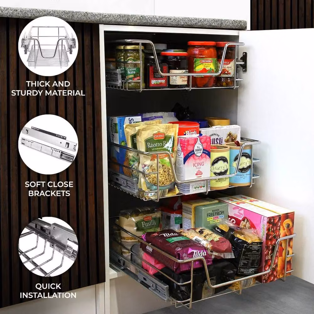 KuKoo 3 Pack Silver Stainless Steel Pull Out Kitchen Storage Baskets for 400mm Wide Cabinets – 2