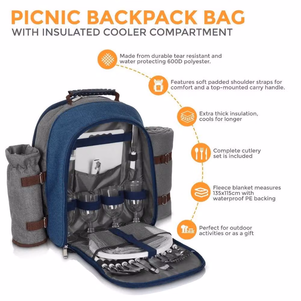 Kelvenix Picnic Backpack Set for 4 People in Blue with Stainless Steel Accessories – 2