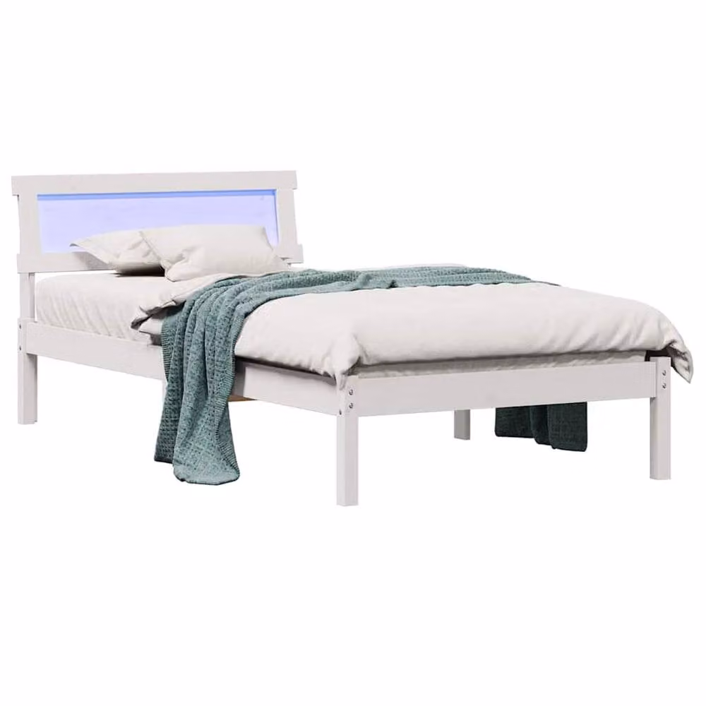 Berkfield Home White Pine Wood Bed with Headboard and LED Under-Bed Lighting W: 75 cm, L: 190 cm – 2