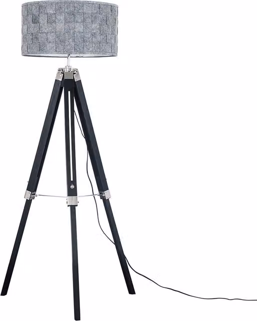 ValueLights Black Wood and Silver Chrome Tripod Floor Lamp with Grey Fabric Cylinder Shade