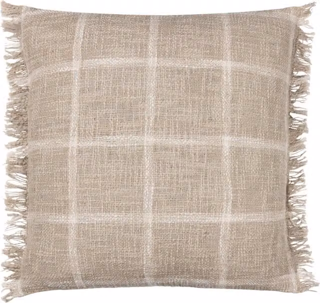 Beni Check Fringed Feather Filled Cotton Cushion in Beige and Orange