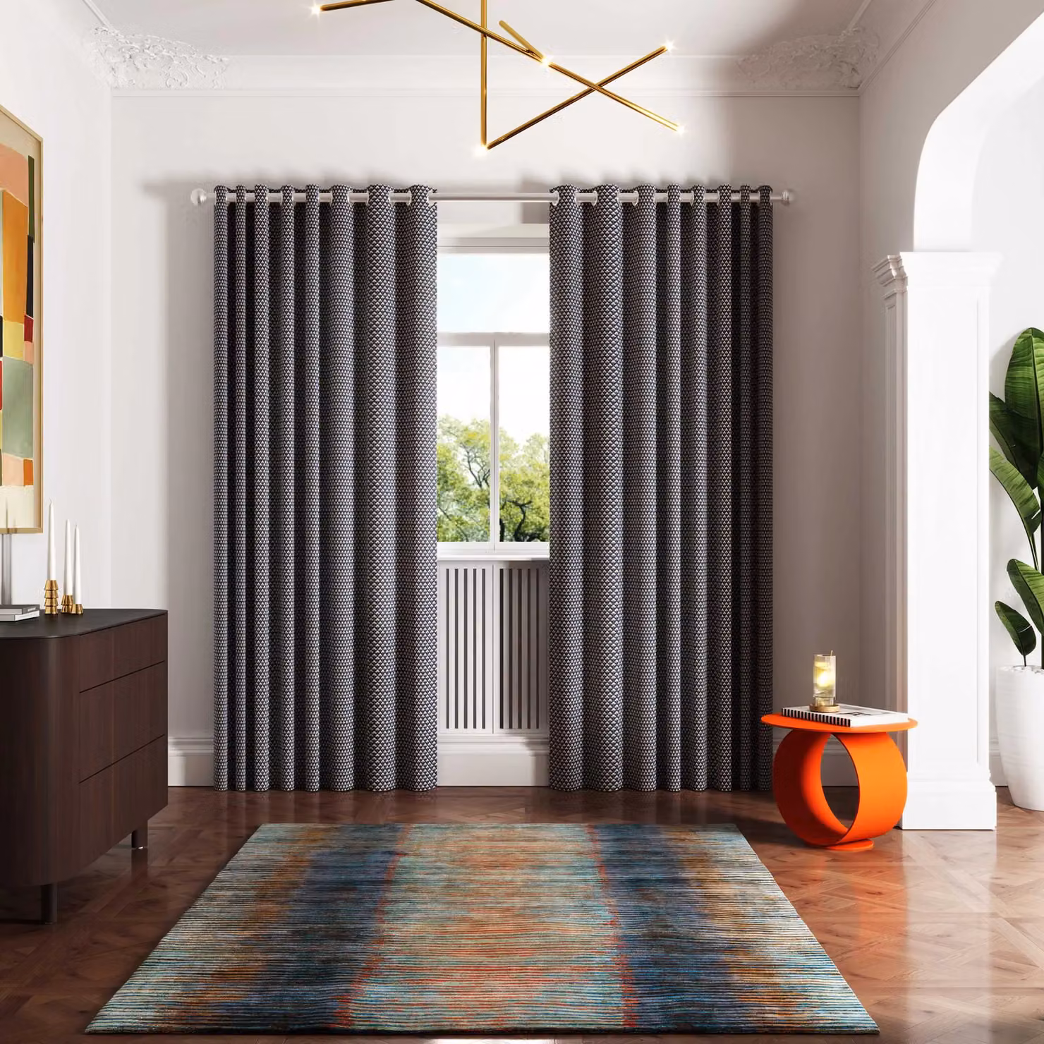 Ted Baker Palm Geo Cotton Lined Eyelet Curtains in Blue and Silver, Width: 228.6 cm, Drop: 182.88 cm – 2