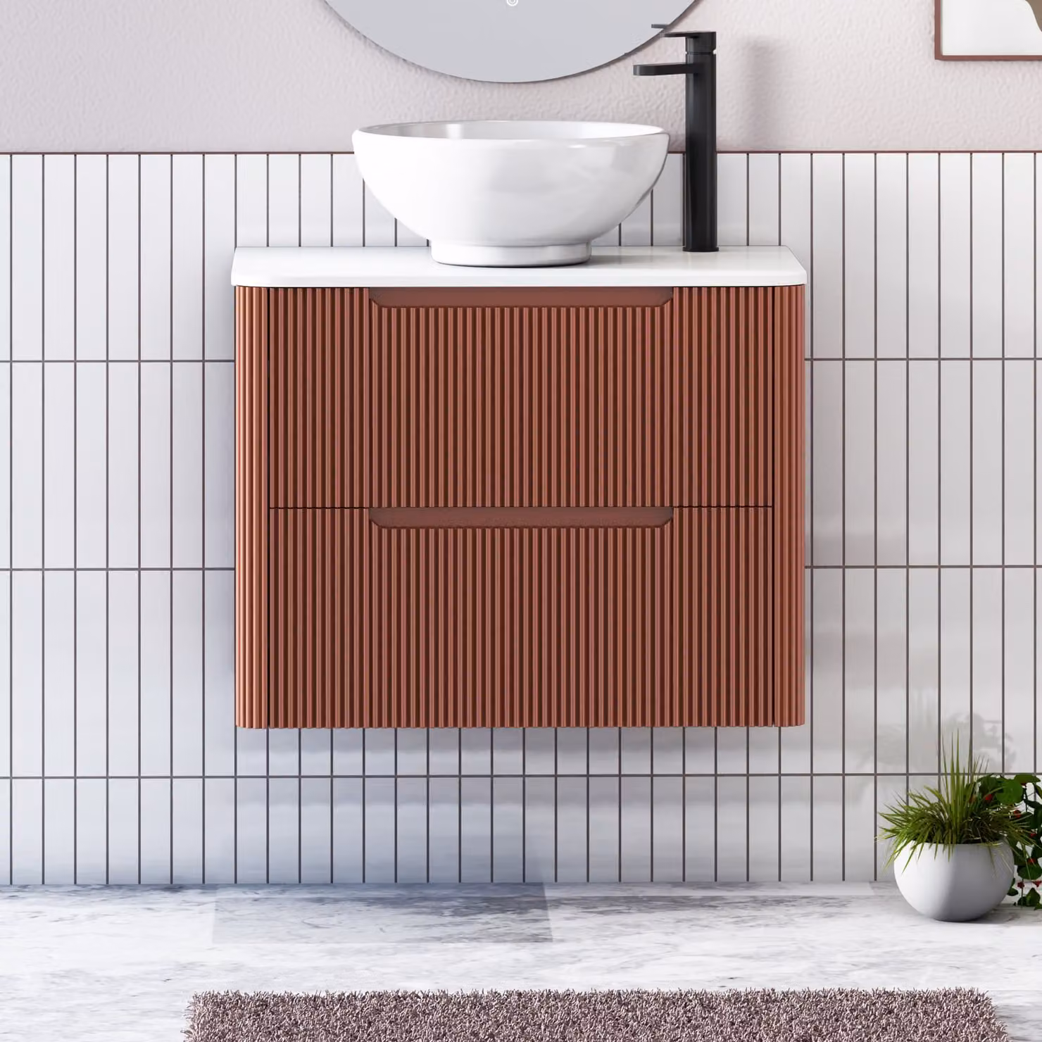 Royal Bathrooms Avenza Wall Hung Vanity Unit in Terracotta with 2 Drawers and Plain White Worktop and Breeze Basin, Width: 70 cm