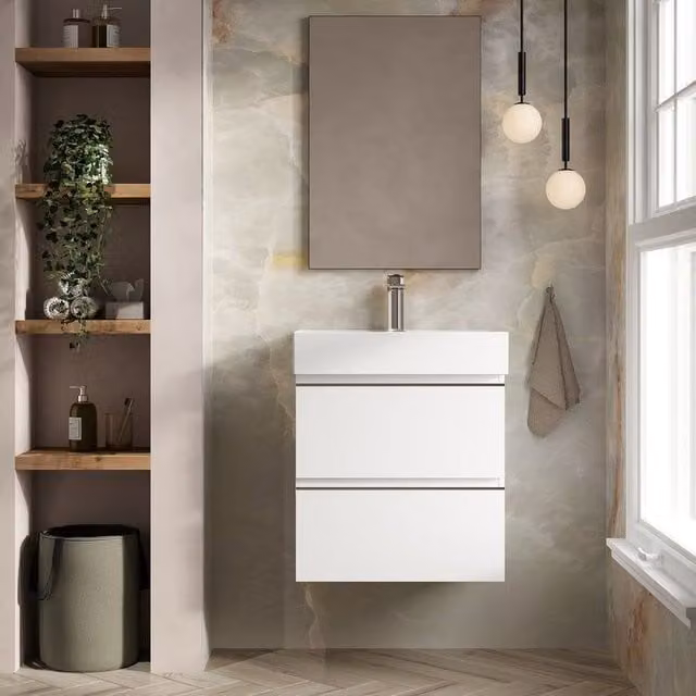Banyetti Vatilla 600mm Wall Hung Vanity Unit with Veneto 1 Tap Hole Basin, Gloss White, W: 60 cm, D: 45 cm, H: 45 cm