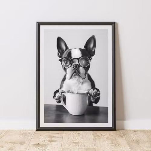 60 Second Makeover Funny Boston Terrier Drinking Coffee Paper Poster, A4, Multicolour