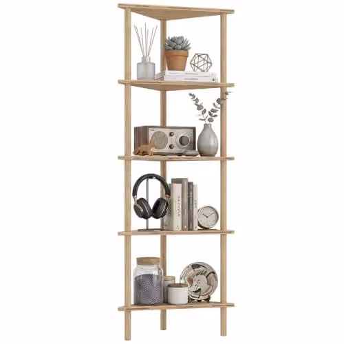 HOMCOM 5-Tier Bamboo Corner Storage Shelf, Brown Wood Finish, W/D/H: 41.5 x 21.5 x 114 cm