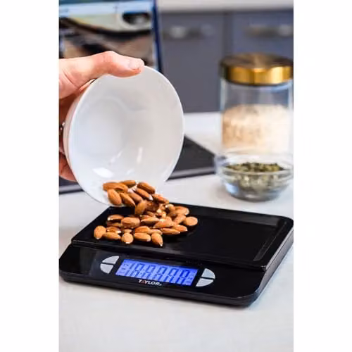 Taylor Pro Accurate USB Rechargeable Stainless Steel Kitchen Scales with Tare Function in Black and Silver – 12