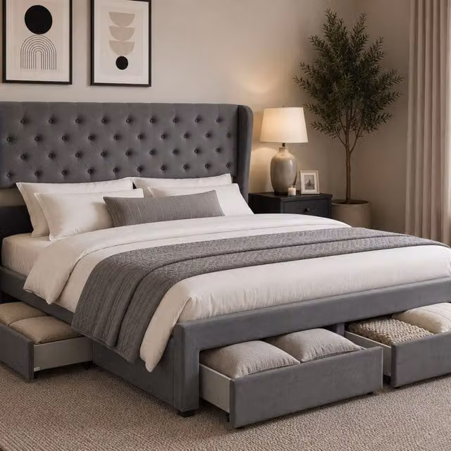 Groundlevel Westbury Velvet Upholstered Bed Frame with Storage Drawers in Grey, 200 x 200 cm – 1