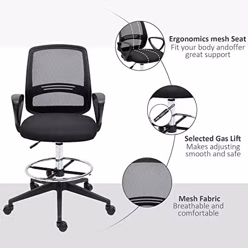 Vinsetto Ergonomic Mesh Back Drafting Chair with Foot Ring and 360 Degree Swivel, Black – 5