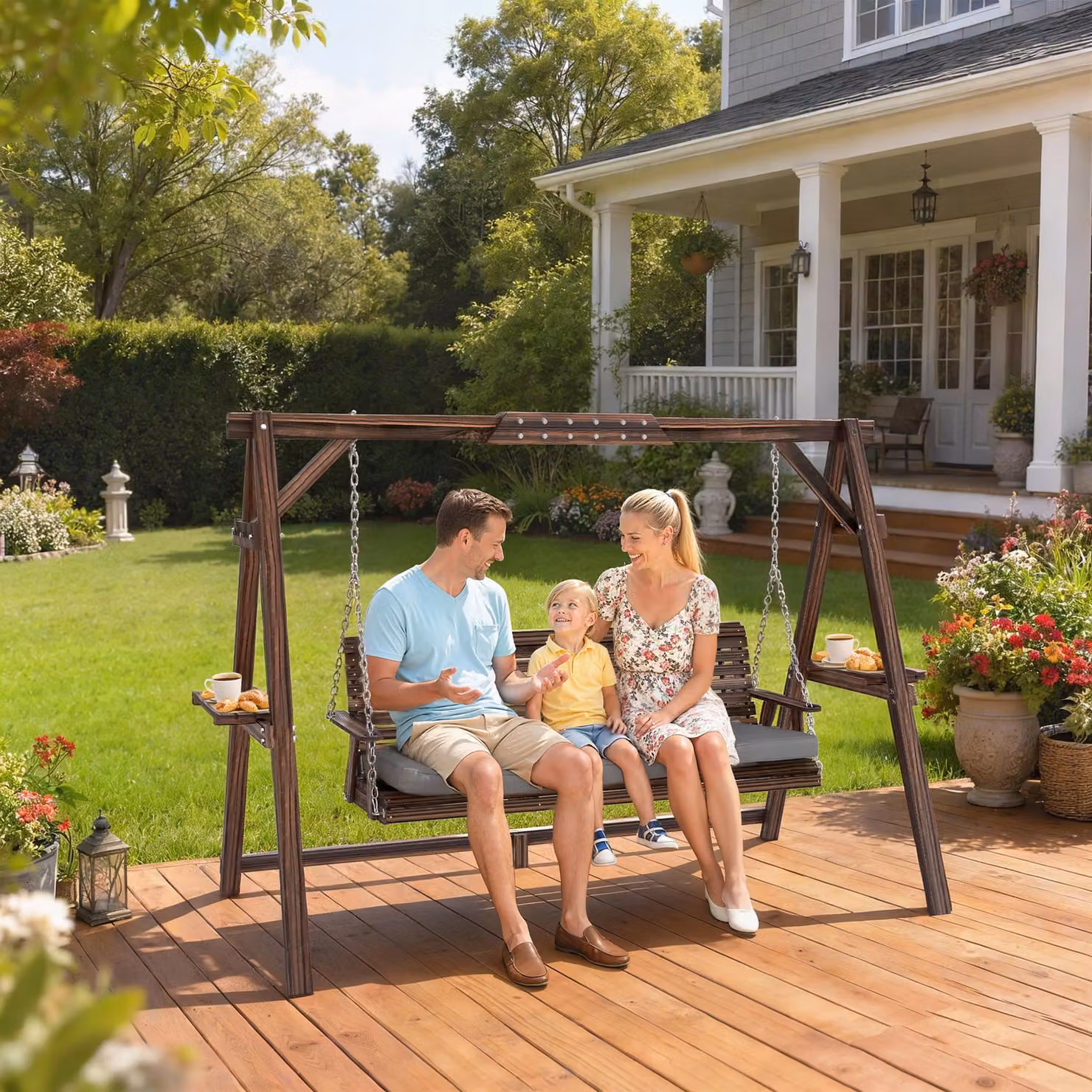 Outsunny 3 Seater Wooden Garden Swing Seat with Cushions and Side Trays, Carbonised Brown – 2
