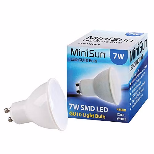 MiniSun Pack of 4 7W GU10 LED Energy Saving Bulbs with Frosted Lens in Cool White 4500K