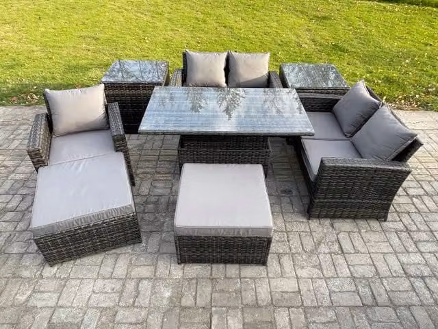 Fimous 7 Seater Grey Polyrattan Outdoor Patio Furniture Set with Height Adjustable Rising Table, 2 Side Tables and 2 Large Footstools