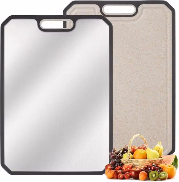 VOGREX Double Sided Titanium 304 Stainless Steel Reversible Cutting Board with Groove and Handle in Silver and Multicolour – 1