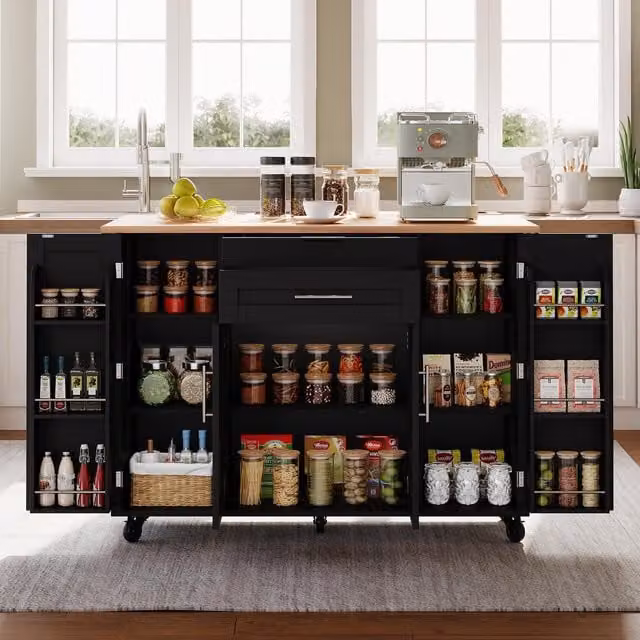 Aosom UK Modern Kitchen Trolley with Fold-Out Worktop and Double-Door Cabinets, Black and Natural, W: 70 cm, D: 70 cm, H: 92 cm – 1