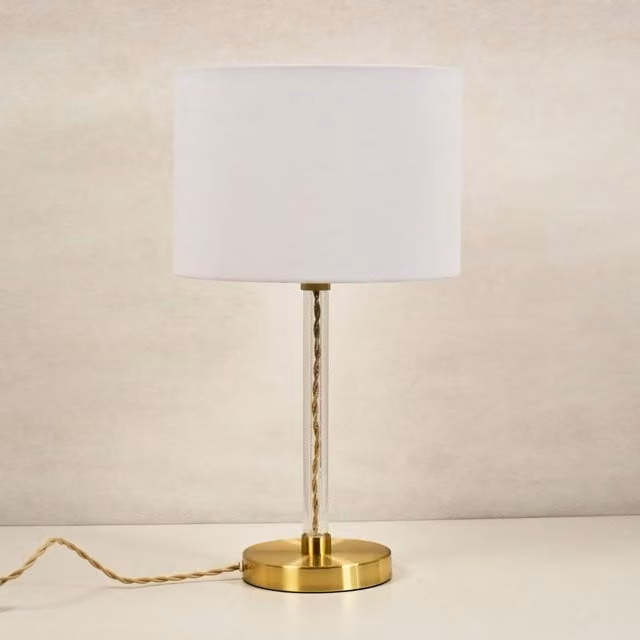 Flo Table Lamp with White Fabric Shade in Satin Gold