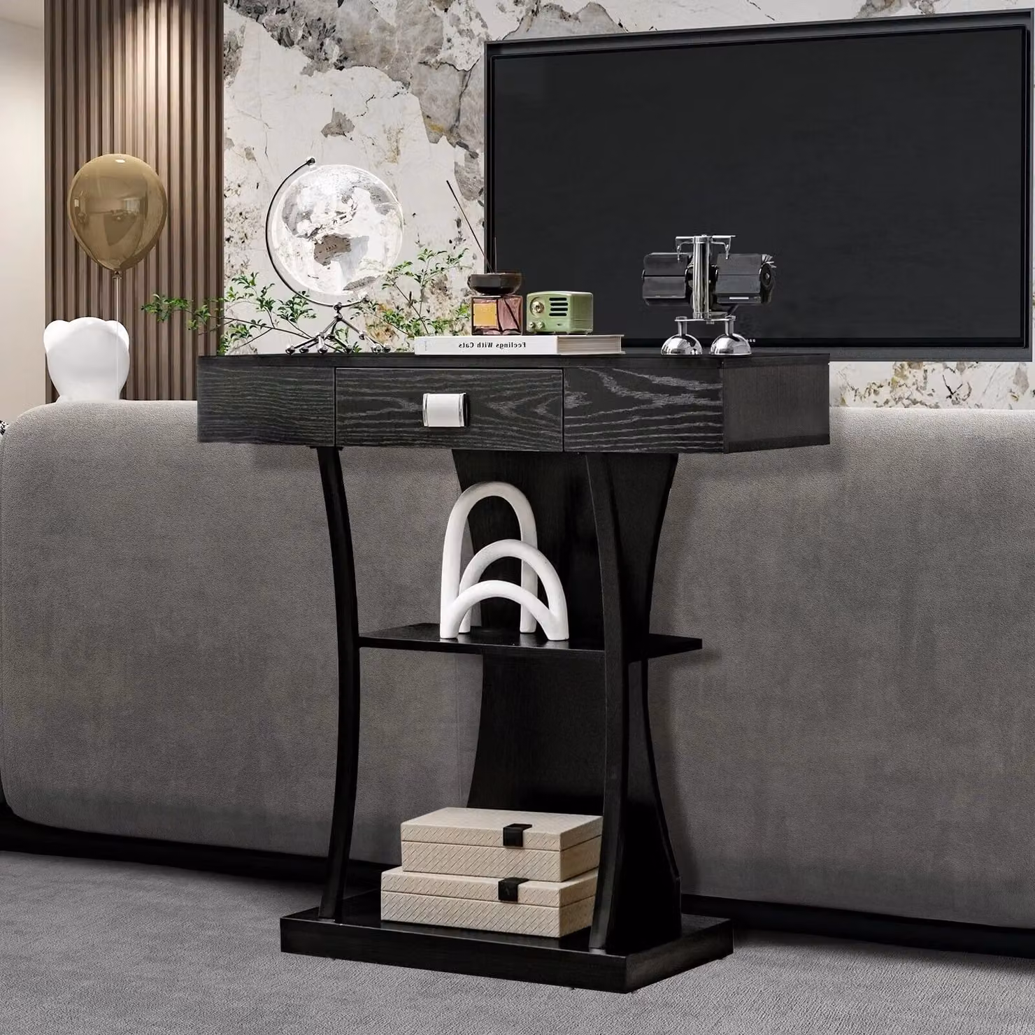Costway T-Shaped Industrial Console Table and Narrow Sofa Side Table with Display Shelves, Black – 4