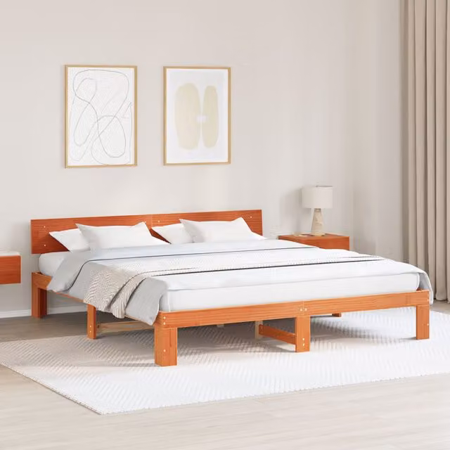 Berkfield Home Solid Pine Wood Bed Frame with Headboard, Wax Brown, 200 x 200 cm – 1