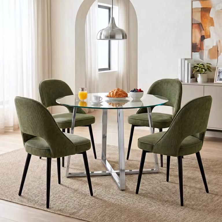 DHS Modern Round Glass Dining Table Set with 4 Upholstered Chairs in Green, Diameter: 110 cm